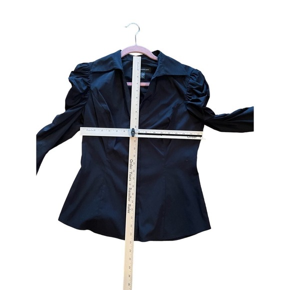 INC Button-Up Shirt Women's 8 Black Long Puff Sleeve Collared Diamond Buttons - Picture 4 of 4